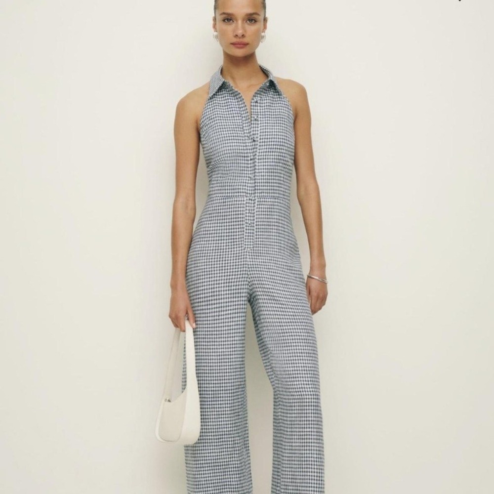 Reformation Ryan Linen Jumpsuit Gingham Navy White Wide Leg Open Back Size 4